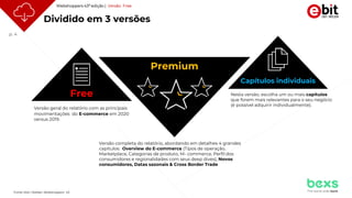 p. 4
Versão completa do relatório, abordando em detalhes 4 grandes
capítulos: Overview do E-commerce (Tipos de operação,
Marketplace, Categorias de produto, M- commerce, Perfil dos
consumidores e regionalidades com seus deep dives), Novos
consumidores, Datas sazonais & Cross Border Trade
Nesta versão, escolha um ou mais capítulos
que forem mais relevantes para o seu negócio
(é possível adquirir individualmente).
Dividido em 3 versões
Versão geral do relatório com as principais
movimentações do E-commerce em 2020
versus 2019.
Free
Premium
Capítulos individuais
Webshoppers 43ª edição | Versão Free
Fonte: Ebit | Nielsen Webshoppers 43
 