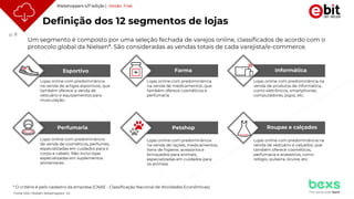 p. 8
Esportivo
Lojas online com predominância
na venda de artigos esportivos, que
também oferece a venda de
vestuário e equipamentos para
musculação.
Farma Informática
Lojas online com predominância
na venda de medicamentos, que
também oferece cosméticos e
perfumaria.
Lojas online com predominância na
venda de produtos de informática,
como eletrônicos, smartphones,
computadores, jogos, etc.
Um segmento é composto por uma seleção fechada de varejos online, classificados de acordo com o
protocolo global da Nielsen*. São consideradas as vendas totais de cada varejista/e-commerce.
* O critério é pelo cadastro da empresa (CNAE - Classificação Nacional de Atividades Econômicas)
Definição dos 12 segmentos de lojas
Petshop
Perfumaria
Lojas online com predominância
de venda de cosméticos, perfumes,
especializadas em cuidados para o
corpo e cabelo. Não incluí lojas
especializadas em suplementos
alimentares.
Roupas e calçados
Lojas online com predominância
na venda de rações, medicamentos,
itens de higiene, acessórios e
brinquedos para animais,
especializadas em cuidados para
os animais.
Lojas online com predominância na
venda de vestuário e calçados, que
também oferece cosméticos,
perfumaria e acessórios, como
relógio, pulseira, óculos, etc.
Webshoppers 43ª edição | Versão Free
Fonte: Ebit | Nielsen Webshoppers 43
 