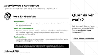 © 2022 Nielsen Consumer LLC. All Rights Reserved.
23
Overview do E-commerce
Quer saber
mais?
Quais os benefícios em adquirir a Versão Premium?
Fonte: NIQ Ebit - Webshoppers 46 – Benefícios Versão Premium
Versão Premium
M-commerce
• Desempenho do mobile e desktop nos principais indicadores do e-commerce,
por região e categoria;
Perfil dos consumidores
• Dinâmica entre os gêneros em seus principais indicadores, além de análises
por categoria, idade, faixa salarial, renda média por faixa etária e share
transacional por faixa etária;
Regionalidades
• Performance por região com abertura por meios de pagamento, frete grátis,
categorias, subcategorias e muito mais!
Quer ficar por dentro de tudo que rolou no e-commerce no 1S22 vs 1S21,
então entre em contato com um de nossos especialistas e saiba mais!
Acesse nosso novo site>>
Solicite mais informações ao
seu atendimento NielsenIQ
Ebit ou envie-nos uma
mensagem>>
 