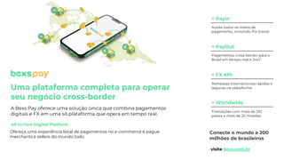 visite bexs.com.br
Conecte o mundo a 200
milhões de brasileiros
All-in-One Digital Platform
Ofereça uma experiência local de pagamentos no e-commerce e pague
merchants e sellers do mundo todo.
Uma plataforma completa para operar
seu negócio cross-border
A Bexs Pay oferece uma solução única que combina pagamentos
digitais e FX em uma só plataforma que opera em tempo real.
+ PayIn
Aceite todos os meios de
pagamento, incluindo Pix (novo)
+ PayOut
Pagamentos cross-border para o
Brasil em tempo real e 24x7
+ FX API
Remessas internacionais rápidas e
seguras via plataforma
+ Worldwide
Transações com mais de 120
países e mais de 20 moedas
 