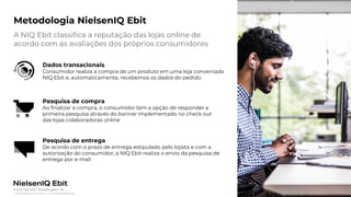 Photo placeholder
© 2022 Nielsen Consumer LLC. All Rights Reserved.
7
Dados transacionais
Consumidor realiza a compra de um produto em uma loja conveniada
NIQ Ebit e, automaticamente, recebemos os dados do pedido
Fonte: NIQ Ebit - Webshoppers 46
Metodologia NielsenIQ Ebit
A NIQ Ebit classifica a reputação das lojas online de
acordo com as avaliações dos próprios consumidores
Pesquisa de compra
Ao finalizar a compra, o consumidor tem a opção de responder a
primeira pesquisa através do banner implementado no check out
das lojas colaboradoras online
Pesquisa de entrega
De acordo com o prazo de entrega estipulado pelo lojista e com a
autorização do consumidor, a NIQ Ebit realiza o envio da pesquisa de
entrega por e-mail
 