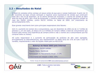 Apoio:
e-bit - Todos os direitos reservados
18
Homens
66%
O Natal do varejista online começa um pouco antes do que para o varejo tradicional. A partir de 15
de novembro as lojas virtuais começam a registrar picos expressivos de vendas que continuam
altas até o dia 23 de dezembro. Já na última semana de novembro, o volume de vendas já batia
altas de mais de 40%. Até o final da temporada, o comércio eletrônico nacional registrou vendas na
casa dos R$204 milhões, contra R$132 milhões no Natal de 2002. Um crescimento de
aproximadamente 55%.
Esse grande crescimento tem como principais responsáveis dois fatores:
•Um é o aumento do número de e-consumidores, que em dezembro de 2002 era de 1,7 milhão de
pessoas e, um ano após, já estava em 2,5 milhões (O número reflete o total de consumidores que
tiveram pelo menos uma experiência de compra online e não o número de e-consumidores que faz
compras todos os meses).
•O outro responsável é o aumento da participação de produtos de alto valor agregado,
principalmente os eletroeletrônicos, que representaram no Natal cerca de 11% de tudo o que foi
vendido, impulsionando o valor do tíquete médio para os R$315,00.
2.2 – Resultados do Natal
Balanço do Natal 2003 pela Internet
Faturamento: R$204 milhões
Tíquete Médio: R$309,00
Participação no Faturamento Anual: 17,2%
Crescimento em relação a 2002: 55%
Fonte: Grupo de pesquisas e-bit (www.ebitempresa.com.br)
 