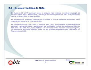 Apoio:
e-bit - Todos os direitos reservados
19
Homens
66%
Os títulos em CD e DVD continuam sendo os produtos mais vendidos, e mantiveram posição de
destaque nesse Natal. Mesmo assim, em relação ao mesmo período de 2002, sua participação
caiu de 40% para 33% no Natal de 2003.
Em segundo lugar, na mesma colocação de 2002 vêem os livros e assinaturas de revistas, sendo
responsáveis por cerca de 15% das vendas.
Em contrapartida dos CD´s e DVD´s, produtos mais caros, principalmente os eletroeletrônicos
ganharam representatividade e aumentaram sua participação no total de produtos vendidos de
10% para 11%. Além disso, como 2003 teve um volume de vendas maior em todas as categorias,
os produtos de alto valor agregado foram um dos grandes responsáveis pelo crescimento do
faturamento de 2003.
2.3 - Os mais vendidos do Natal
 