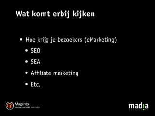 Wat komt erbij kijken

 • Hoe krijg je bezoekers (eMarketing)
   • SEO
   • SEA
   • Afﬁliate marketing
   • Etc.
 