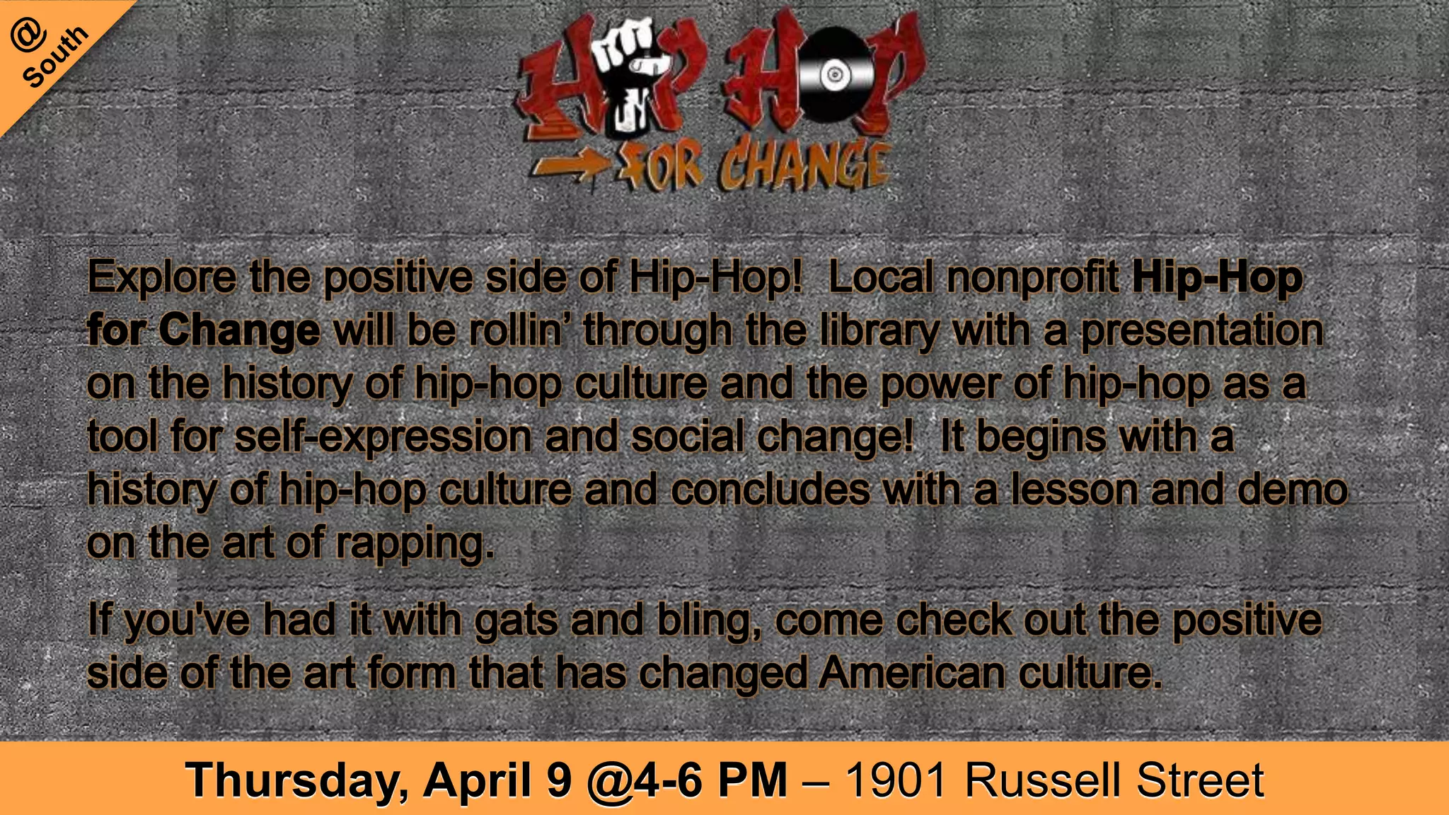 Thursday, April 9 @4-6 PM – 1901 Russell Street
 