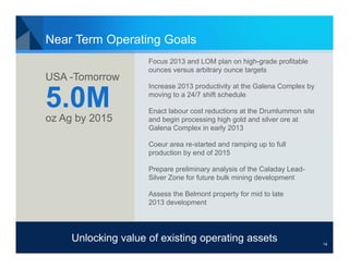 Near Term Operating Goals
                     Focus 2013 and LOM plan on high-grade profitable
                     ounces versus arbitrary ounce targets
USA -Tomorrow
                     Increase 2013 productivity at the Galena Complex by

5.0M
oz Ag by 2015
                     moving to a 24/7 shift schedule

                     Enact labour cost reductions at the Drumlummon site
                     and begin processing high gold and silver ore at
                     Galena Complex in early 2013

                     Coeur area re-started and ramping up to full
                     production by end of 2015

                     Prepare preliminary analysis of the Caladay Lead-
                     Silver Zone for future bulk mining development

                     Assess the Belmont property for mid to late
                     2013 development




     Unlocking value of existing operating assets
                                              14                           14
 