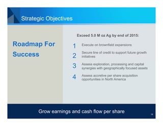 Strategic Objectives

                             Exceed 5.0 M oz Ag by end of 2015:

Roadmap For              1     Execute on brownfield expansions

                               Secure line of credit to support future growth
Success                  2     initiatives

                               Assess exploration, processing and capital
                         3     synergies with geographically focused assets

                               Assess accretive per share acquisition
                         4     opportunities in North America




        Grow earnings and cash flow per share
                                            18                                  18
 
