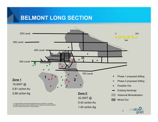 BELMONT LONG SECTION

             200 Level                                                                                                  0                    250


                                                                                                                                    feet
300 Level


                                         400 Level
                                                                                       *
                                                                                                       *
             600 Level                                                                         *                *


                                                                                                   750 Level
                                                              1                                                             Phase 1 proposed drilling
Zone 1                                                                                     2                                Phase 2 proposed drilling
19,000T @                                                                                                                   Possible Ore
                                                                                                                    *
0.81 oz/ton Au
                                                                                                                            Existing Workings
2.66 oz/ton Ag                                                                                 Zone 2   (1)


                                                                                                                            Historical Mineralization
                                                                                               32,300T @
                                                                                                                            Mined Out
(1) Note that these are historical estimates that are not NI43-101 compliant.                  0.42 oz/ton Au
A qualified person has not done sufficient work to classify this historical estimate
as current mineral resources or mineral reserves.
                                                                                               1.45 oz/ton Ag
                                                                                                                                5
 