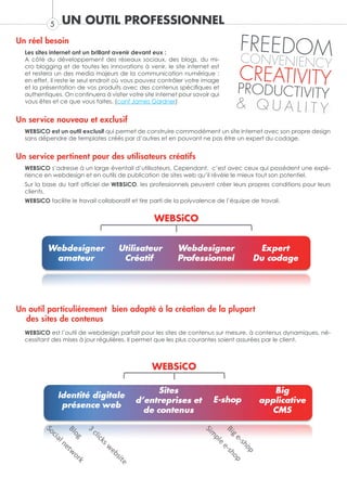 5   UN OUTIL PROFESSIONNEL
Un réel besoin
  Les sites internet ont un brillant avenir devant eux :
                                                                                  FREEDOM
  A côté du développement des réseaux sociaux, des blogs, du mi-                   CONVENIENCY
                                                                                  CREATIVITY
  cro blogging et de toutes les innovations à venir, le site internet est
  et restera un des media majeurs de la communication numérique ;
  en effet, il reste le seul endroit où vous pouvez contrôler votre image
  et la présentation de vos produits avec des contenus spécifiques et
  authentiques. On continuera à visiter votre site internet pour savoir qui
                                                                                 PRODUCTIVITY
  vous êtes et ce que vous faites. (conf James Gardner)
                                                                                 & QUALITY
Un service nouveau et exclusif                                         Benefits of WEBS
                                                                                                     iCO
  WEBSiCO est un outil exclusif qui permet de construire commodément un site internet avec son propre design
  sans dépendre de templates créés par d’autres et en pouvant ne pas être un expert du codage.


Un service pertinent pour des utilisateurs créatifs
  WEBSiCO s’adresse à un large éventail d’utilisateurs. Cependant, c’est avec ceux qui possèdent une expé-
  rience en webdesign et en outils de publication de sites web qu’il révèle le mieux tout son potentiel.
  Sur la base du tarif officiel de WEBSiCO, les professionnels peuvent créer leurs propres conditions pour leurs
  clients.
  WEBSiCO facilite le travail collaboratif et tire parti de la polyvalence de l’équipe de travail.




Un outil particulièrement bien adapté à la création de la plupart
  des sites de contenus
  WEBSiCO est l’outil de webdesign parfait pour les sites de contenus sur mesure, à contenus dynamiques, né-
  cessitant des mises à jour régulières. Il permet que les plus courantes soient assurées par le client.
 