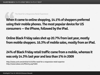 “
           The Need for a Responsive Retail Experience


When it came to online shopping, 14.1% of shoppers preferred
using their mobile phones. The most popular device for US
consumers — the iPhone, followed by the iPad.

Online Black Friday sales shot up 20.7% from last year, mostly
from mobile shoppers. 16.3% of mobile sales, mostly from an iPad.

24% of Black Friday retail traffic came from a mobile, whereas it
was only 14.3% last year and less than 1% in 2009
http://www.zurb.com/article/1115/the-need-for-a-responsive-retail-experien
http://www.lukew.com/ff/entry.asp?1665
 