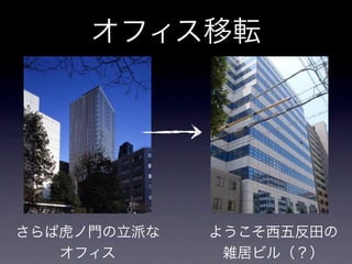 オフィス移転




さらば虎ノ門の立派な   ようこそ西五反田の
   オフィス       雑居ビル（？）
 