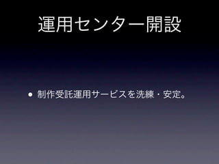 運用センター開設


• 制作受託運用サービスを洗練・安定。
 