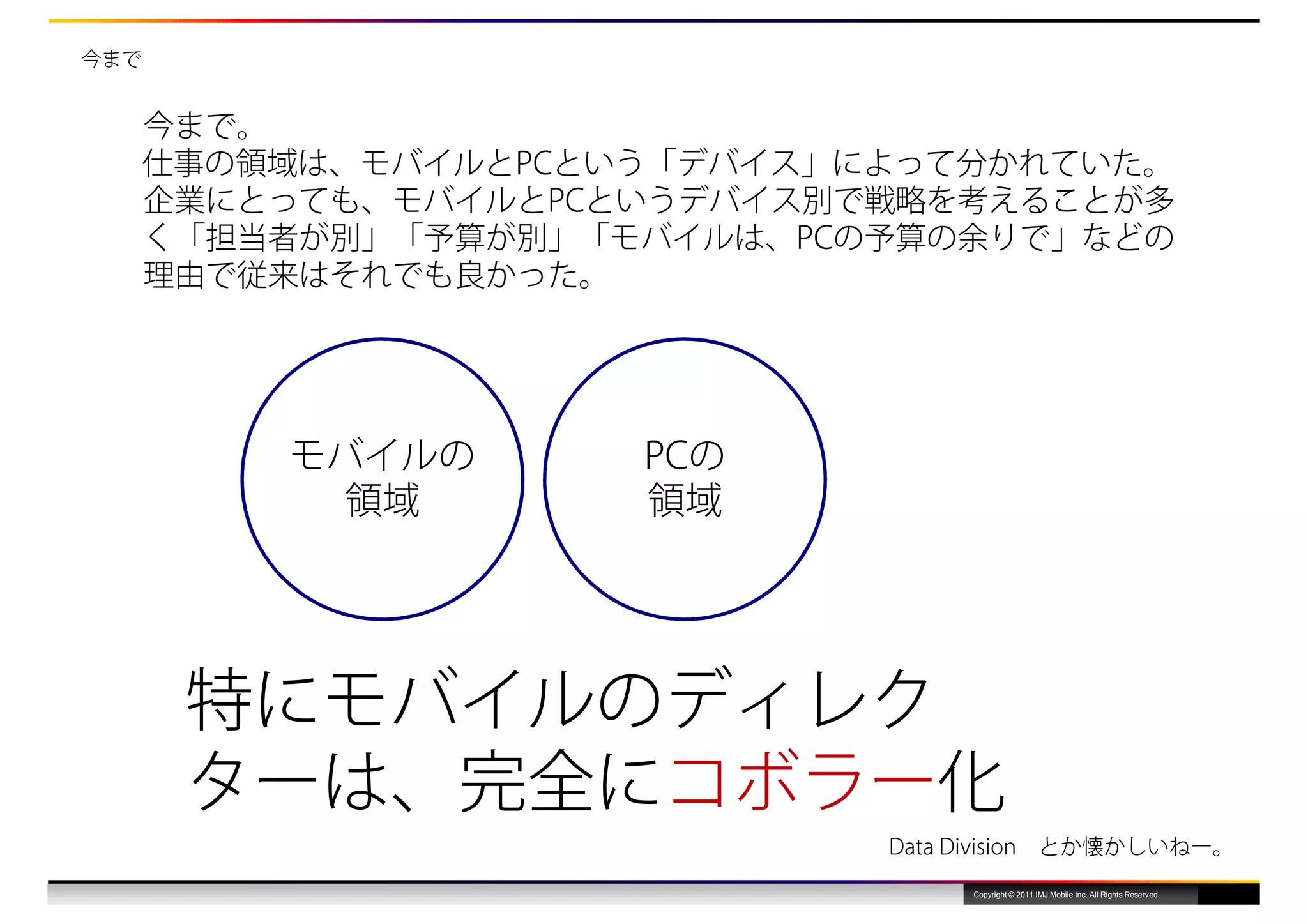 今まで


      今まで。
      仕事の領域は、モバイルとPCという「デバイス」によって分かれていた。
      企業にとっても、モバイルとPCというデバイス別で戦略を考えることが多
      く「担当者が別」「予算が別」「モバイルは、PCの予算の余りで」などの
      理由で従来はそれでも良かった。




          モバイルの       PCの
            領域        領域




       特にモバイルのディレク
       ターは、完全にコボラー化
                              Data Division             とか懐かしいねー。
                                      Copyright © 2011 IMJ Mobile Inc. All Rights Reserved.
 