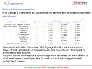 Gestione delle campagne pubblicitarie Web Signage è lo strumento per la pianificazione ottimale delle campagne pubblicitarie Selezionate le location di interesse, Web Signage identifica automaticamente i player ottimali, garantendo un’occupazione del loop coerente con i tempi medi di permanenza delle persone.  Vengono stimate le impression e ripetizioni generate sulla base dei tempi effettivi di attivita e di esposizione del pubblico, fornendo una indicazione oggettiva delle performance previste. 