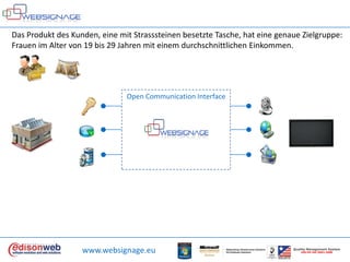 Das Produkt des Kunden, eine mit Strasssteinen besetzte Tasche, hat eine genaue Zielgruppe: Frauen im Alter von 19 bis 29 Jahren mit einem durchschnittlichen Einkommen. Open Communication Interfacewww.websignage.euQualityManagement SystemUNI EN ISO 9001:2000