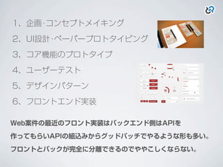 1、企画･コンセプトメイキング
2、UI設計･ペーパープロトタイピング
3、コア機能のプロトタイプ
4、ユーザーテスト
5、デザインパターン
6、フロントエンド実装
Web案件の最近のフロント実装はバックエンド側はAPIを
作ってもらいAPIの組込みからグッドパッチでやるような形も多い。
フロントとバックが完全に分離できるのでややこしくならない。
 