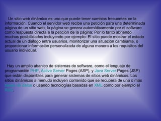 Un sitio web dinámico es uno que puede tener cambios frecuentes en la información. Cuando el servidor web recibe una petición para una determinada página de un sitio web, la página se genera automáticamente por el software como respuesta directa a la petición de la página; Por lo tanto abriendo muchas posibilidades incluyendo por ejemplo: El sitio puede mostrar el estado actual de un diálogo entre usuarios, monitorizar una situación cambiante, o proporcionar información personalizada de alguna manera a los requisitos del usuario individual. Hay un amplio abanico de sistemas de software, como el lenguaje de programación  PHP ,  Active Server  Pages  (ASP), y  Java Server  Pages  (JSP) que están disponibles para generar sistemas de sitios web dinámicos. Los sitios dinámicos a menudo incluyen contenido que se recupera de una o más  bases de datos  o usando tecnologías basadas en  XML  como por ejemplo el  RSS . 