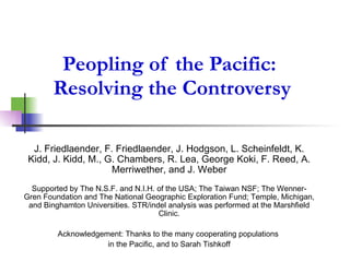 Peopling of the Pacific:  Resolving the Controversy J. Friedlaender, F. Friedlaender, J. Hodgson, L. Scheinfeldt, K. Kidd, J. Kidd, M., G. Chambers, R. Lea, George Koki, F. Reed, A. Merriwether, and J. Weber Supported by The N.S.F. and N.I.H. of the USA; The Taiwan NSF; The Wenner-Gren Foundation and The National Geographic Exploration Fund; Temple, Michigan, and Binghamton Universities. STR/indel analysis was performed at the Marshfield Clinic. Acknowledgement: Thanks to the many cooperating populations  in the Pacific, and to Sarah Tishkoff 