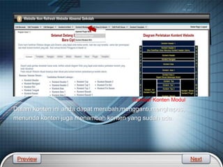 LOGO
Gambar Konten Modul
Dalam konten ini anda dapat merubah,mengganti,menghapus,
menunda konten juga menambah konten yang sudah ada.
Preview Next
 