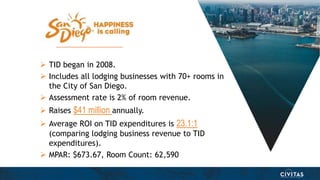  TID began in 2008.
 Includes all lodging businesses with 70+ rooms in
the City of San Diego.
 Assessment rate is 2% of...