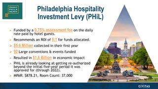 Philadelphia Hospitality
Investment Levy (PHiL)
 Funded by a 0.75% assessment fee on the daily
rate paid by hotel guests....