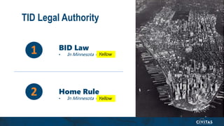 BID Law
• In Minnesota =
TID Legal Authority
1
2 Home Rule
• In Minnesota =
Yellow
Yellow
 
