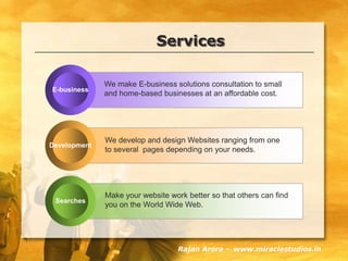Services
E-business
Development
Searches
We make E-business solutions consultation to small
and home-based businesses at a...