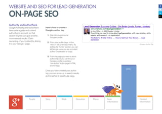 WEBSITE AND SEO FOR LEAD GENERATION
ON-PAGE SEO
Authority and AuthorRank
Google Authority and AuthorRank
take social signals and content
authority into account, so that
search engines can give smarter,
more relevant results. Claim
ownership of your content by linking
it to your Google+ page.
Here’s how to create a
Google+ author tag:
1.	 Sign into your personal
Google+ profile
2.	 	From your profile page, hit the
“About” tab on the top menu. By
editing the “Links” section, you can
let Google know you are a content
author for websites or blogs.
3.	 	From the page you want to show
authorship of, you can link your
Google+ profile by adding
“rel=author” to the page’s HTML
anchor tags.
Once you have created your author
tag, you can show up in search results
as the author of a particular page.
Google+ Author Tag
 