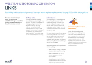 25
WEBSITE AND SEO FOR LEAD GENERATION
LINKS
The exact mix is hard to pin
down, but authority is
established though a trusted link
profile—and a good amount of
thought leadership content.
On-Page Links
To show Google that a page is
relevant to people searching for your
keyword, you need to create links to
that page, using variants of that
keyword as anchor text. For
instance, we want our event
marketing resource page to rank
highly for the term “event marketing”,
so whenever we use the phrase
“event marketing” on another page,
we link it back to the resource page.
External Links
According to Moz’s survey (see p.43),
link authority factors (such as the
quantity and quality of links to your
domain and specific pages) are the
biggest factor in your rankings. This
means you need other sites to link to
your domain and the pages for which
you want to rank.
For good reason, external links improve
your ranking authority more than your
own on-page links—more so if the
external sites are relevant to your
business. Also, the higher the external
site’s authority, the more credit Google
will give you for the link.
Here are some easy tips to get started
with link building:
•	Make sure your content is relevant,
educational, fun, and link-worthy.
•	Make sure the sites that link to
you are reputable and have
good content.
•	Ideally, the anchor text in the link
from the external site should use a
variant of your keyword phrase.
The Relationship Between Social
Media and SEO
As SEO and social have become
increasingly intertwined, Google now
uses social signals to determine how
your company ranks in search results.
Engagement from your followers on
social can actually boost your SEO.
Fostering social engagement requires
valuable content: the more useful people
find your content, the more they’ll
engage and share.
Establishing link-based authority on one of the major search engines requires a mix of on-page SEO and link building efforts.
 