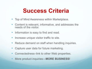 Success Criteria
 Top of Mind Awareness within Marketplace.
 Content is relevant, informative, and addresses the
needs of the visitor.
 Information is easy to find and read.
 Increase unique visitor traffic to site.
 Reduce demand on staff when handling inquiries.
 Capture user data for future marketing.
 Connectedness–link to other Web properties.
 More product inquiries—MORE BUSINESS!
 