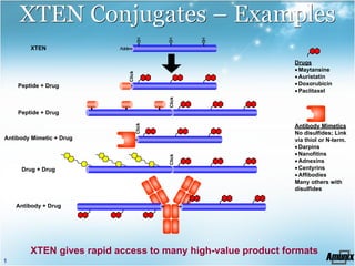 XTEN Conjugates – Examples



                                           SH




                                                  SH




                                                          SH
        XTEN              Azide


                                                               Drugs
                                                               · Maytansine




                                  Click
                                                               · Auristatin
    Peptide + Drug                                             · Doxorubicin
                                                               · Paclitaxel




                                                  Click
    Peptide + Drug



                                          Click
                                                               Antibody Mimetics
                                                               No disulfides; Link
Antibody Mimetic + Drug                                        via thiol or N-term.
                                                               · Darpins
                                                               · Nanofitins

                                                  Click
                                                               · Adnexins
     Drug + Drug                                               · Centyrins
                                                               · Affibodies
                                                               Many others with
                                                               disulfides

    Antibody + Drug




        XTEN gives rapid access to many high-value product formats
1
 