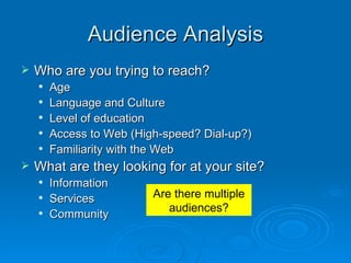 Audience Analysis Who are you trying to reach? Age Language and Culture Level of education Access to Web (High-speed? Dial-up?) Familiarity with the Web What are they looking for at your site? Information Services Community Are there multiple audiences? 