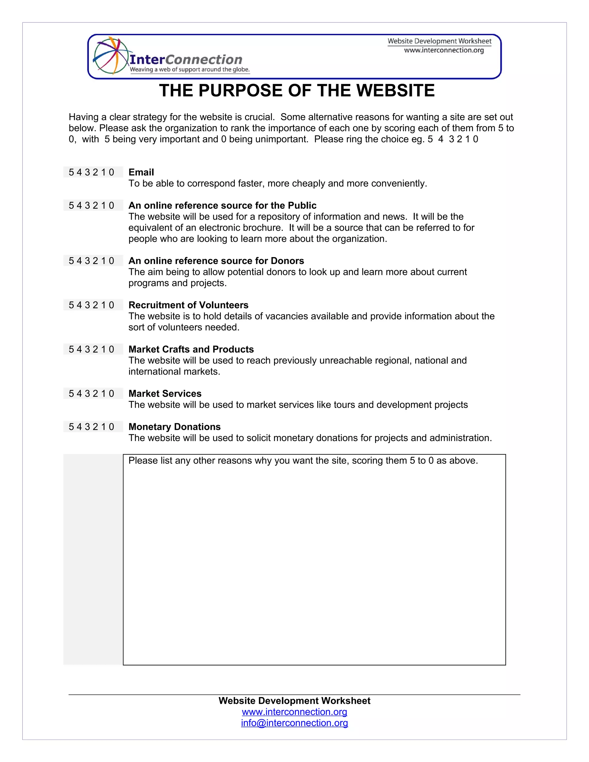 THE PURPOSE OF THE WEBSITE
Having a clear strategy for the website is crucial. Some alternative reasons for wanting a site are set out
below. Please ask the organization to rank the importance of each one by scoring each of them from 5 to
0, with 5 being very important and 0 being unimportant. Please ring the choice eg. 5 4 3 2 1 0


543210        Email
              To be able to correspond faster, more cheaply and more conveniently.

543210        An online reference source for the Public
              The website will be used for a repository of information and news. It will be the
              equivalent of an electronic brochure. It will be a source that can be referred to for
              people who are looking to learn more about the organization.

543210        An online reference source for Donors
              The aim being to allow potential donors to look up and learn more about current
              programs and projects.

543210        Recruitment of Volunteers
              The website is to hold details of vacancies available and provide information about the
              sort of volunteers needed.

543210        Market Crafts and Products
              The website will be used to reach previously unreachable regional, national and
              international markets.

543210        Market Services
              The website will be used to market services like tours and development projects

543210        Monetary Donations
              The website will be used to solicit monetary donations for projects and administration.

              Please list any other reasons why you want the site, scoring them 5 to 0 as above.




                                    Website Development Worksheet
                                        www.interconnection.org
                                       info@interconnection.org
 