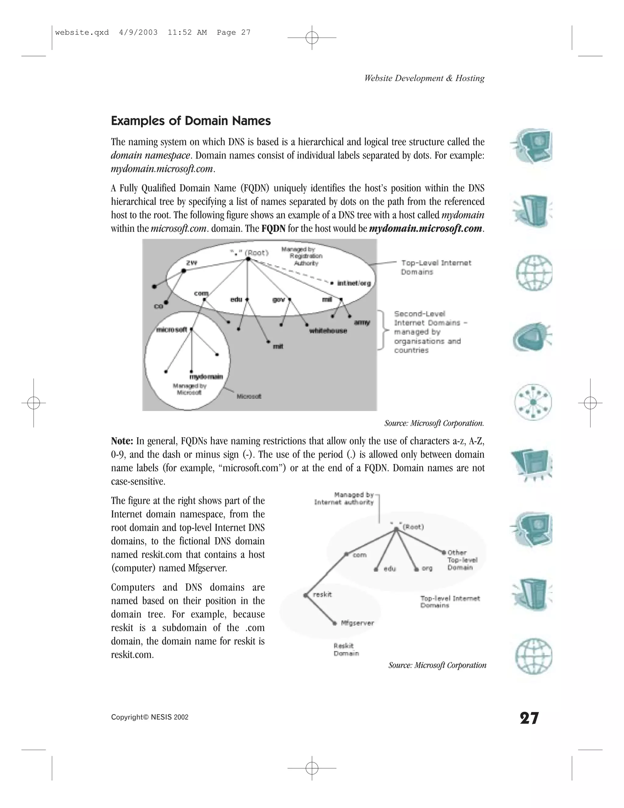 website.qxd     4/9/2003     11:52 AM     Page 27




                                                                               Website Development & Hosting



              Examples of Domain Names
              The naming system on which DNS is based is a hierarchical and logical tree structure called the
              domain namespace. Domain names consist of individual labels separated by dots. .or example:
              mydomain.microsoft.com.
              A .ully Qualified Domain Name (.QDN) uniquely identifies the host’s position within the DNS
              hierarchical tree by specifying a list of names separated by dots on the path from the referenced
              host to the root. The following figure shows an example of a DNS tree with a host called mydomain
              within the microsoft.com. domain. The .QDN for the host would be mydomain.microsoft.com.




                                                                                     Source: Microsoft Corporation.
              Note: In general, .QDNs have naming restrictions that allow only the use of characters a-z, A-Z,
              0-9, and the dash or minus sign (-). The use of the period (.) is allowed only between domain
              name labels (for example, “microsoft.com”) or at the end of a .QDN. Domain names are not
              case-sensitive.
              The figure at the right shows part of the
              Internet domain namespace, from the
              root domain and top-level Internet DNS
              domains, to the fictional DNS domain
              named reskit.com that contains a host
              (computer) named Mfgserver.
              Computers and DNS domains are
              named based on their position in the
              domain tree. .or example, because
              reskit is a subdomain of the .com
              domain, the domain name for reskit is
              reskit.com.
                                                                                      Source: Microsoft Corporation




              Copyright© NESIS 2002
                                                                                                                      27
 
