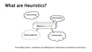 What are Heuristics?
From Abby Covert <slideshare.net/AbbyCovert/information-architecture-heuristics>
 