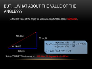 BUT…..WHAT ABOUT THE VALUE OF THE
ANGLE???
    To find the value of the angle we will use a Trig function called TANGENT.




           109.8 km
                                    55 km, N
                                                     opposite side      55
                                           Tan                                   0.5789
          N of E                                     adjacent side      95
             95 km,E                           Tan 1 (0.5789) 30

So the COMPLETE final answer is : 109.8 km, 30 degrees North of East
 