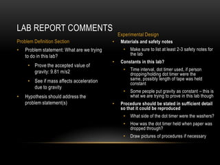 LAB REPORT COMMENTS
                                                Experimental Design
Problem Definition Section                  •    Materials and safety notes
•   Problem statement: What are we trying         •   Make sure to list at least 2-3 safety notes for
    to do in this lab?                                the lab
                                            •    Constants in this lab?
     • Prove the accepted value of
       gravity: 9.81 m/s2                         •   Time interval, dot timer used, if person
                                                      dropping/holding dot timer were the
     • See if mass affects acceleration               same, possibly length of tape was held
                                                      constant
       due to gravity
                                                  •   Some people put gravity as constant – this is
•   Hypothesis should address the                     what we are trying to prove in this lab though
    problem statement(s)                    •    Procedure should be stated in sufficient detail
                                                 so that it could be reproduced
                                                  •   What side of the dot timer were the washers?
                                                  •   How was the dot timer held when paper was
                                                      dropped through?
                                                  •   Draw pictures of procedures if necessary
 
