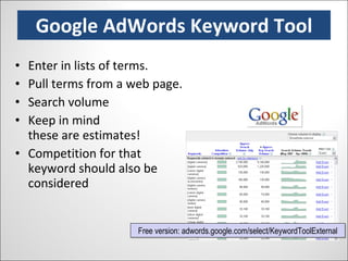 Google AdWords Keyword Tool Enter in lists of terms. Pull terms from a web page. Search volume Keep in mind  these are estimates! Competition for that keyword should also be considered Free version: adwords.google.com/select/KeywordToolExternal 