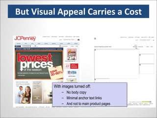 But Visual Appeal Carries a Cost With images turned off: No body copy Minimal anchor text links And not to main product pages 