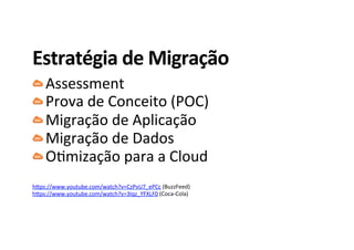 Estratégia	
  de	
  Migração	
  
 Assessment	
  
 Prova	
  de	
  Conceito	
  (POC)	
  
 Migração	
  de	
  Aplicação	
  
 Migração	
  de	
  Dados	
  
 O8mização	
  para	
  a	
  Cloud	
  
	
  
hOps://www.youtube.com/watch?v=CzPvU7_ePCc	
  (BuzzFeed)	
  
hOps://www.youtube.com/watch?v=3Iqz_YFXLF0	
  (Coca-­‐Cola)	
  
 