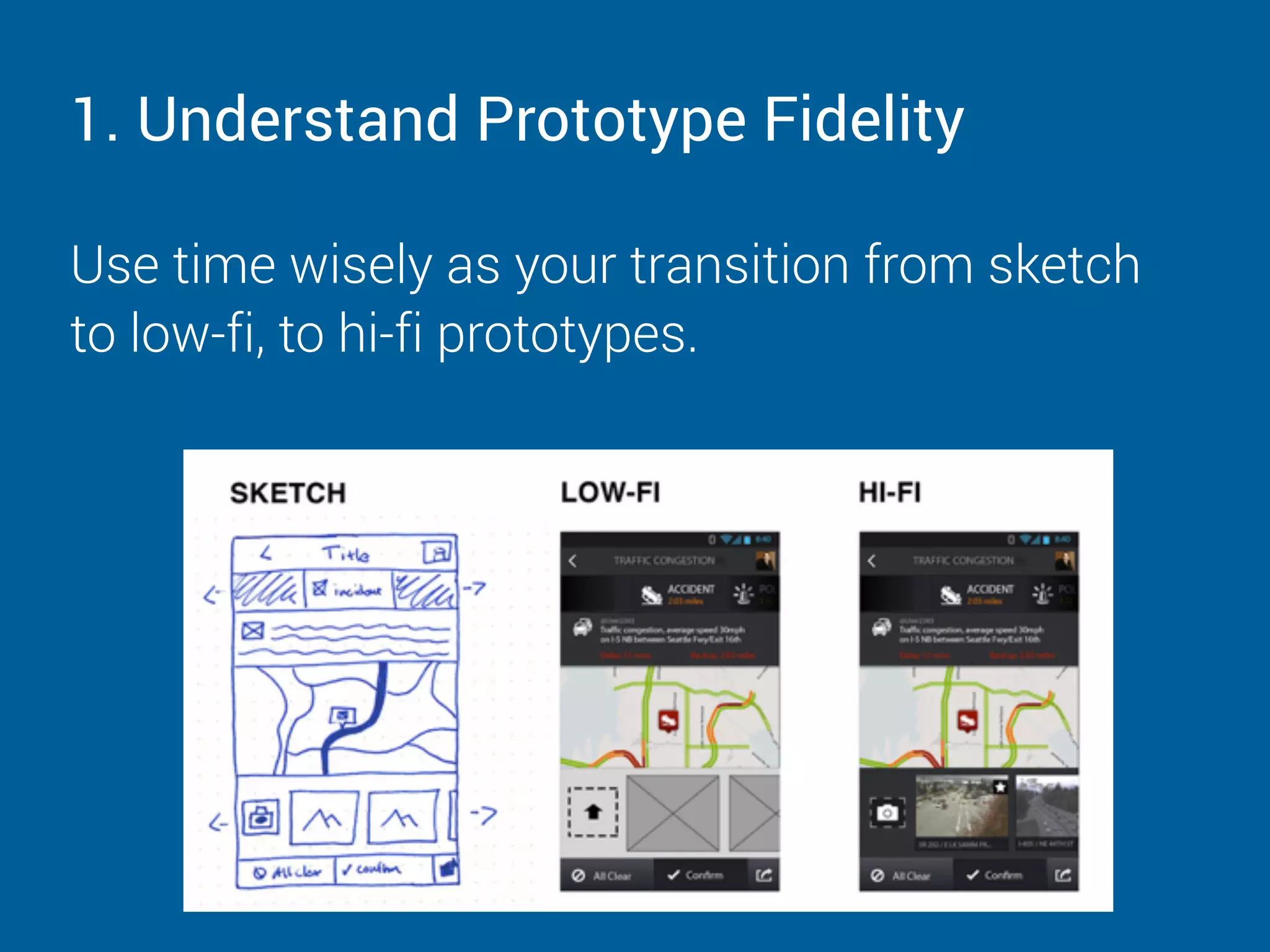 1. Understand Prototype Fidelity
Use time wisely as your transition from sketch
to low-fi, to hi-fi prototypes.
 