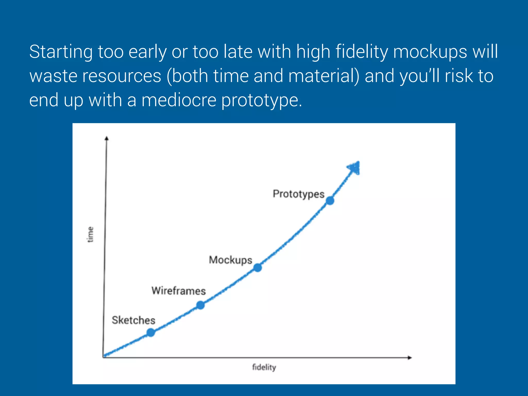 Starting too early or too late with high fidelity mockups will
waste resources (both time and material) and you’ll risk to
end up with a mediocre prototype.
 