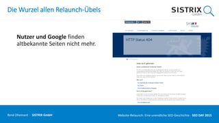 Die Wurzel allen Relaunch-Übels
Nutzer und Google finden
altbekannte Seiten nicht mehr.
René Dhemant · SISTRIX GmbH Website-Relaunch: Eine unendliche SEO-Geschichte · SEO DAY
 