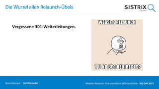 Die Wurzel allen Relaunch-Übels
Vergessene 301-Weiterleitungen.
René Dhemant · SISTRIX GmbH Website-Relaunch: Eine unendliche SEO-Geschichte · SEO DAY
 