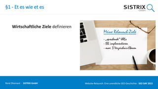 §1 - Et es wie et es
Wirtschaftliche Ziele definieren
René Dhemant · SISTRIX GmbH Website-Relaunch: Eine unendliche SEO-Geschichte · SEO DAY
 