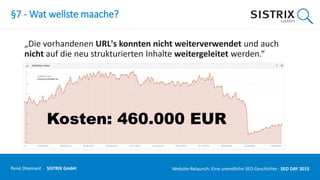 §7 - Wat wellste maache?
„Die vorhandenen URL's konnten nicht weiterverwendet und auch
nicht auf die neu strukturierten Inhalte weitergeleitet werden.“
René Dhemant · SISTRIX GmbH Website-Relaunch: Eine unendliche SEO-Geschichte · SEO DAY
 