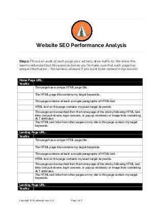 Website SEO Performance Analysis 
Step 1: Fill out an audit of each page your actively drive traffic to. We know this 
seems redundant but this exercise forces you to make sure that each page has 
unique information – No laziness allowed if you want to be ranked in top results! 
Home Page URL: 
Yes/No 
This page has a unique HTML page title. 
The HTML page title contains my target keywords. 
This page contains at least a couple paragraphs of HTML text. 
HTML text on this page contains my exact target keywords. 
This page can be reached from the home page of the site by following HTML text 
links (not pull-downs, login screens, or pop-up windows) or image links containing 
ALT attributes. 
The HTML text links from other pages on my site to this page contain my target 
keywords. 
Landing Page URL: 
Yes/No 
This page has a unique HTML page title. 
The HTML page title contains my target keywords. 
This page contains at least a couple paragraphs of HTML text. 
HTML text on this page contains my exact target keywords. 
This page can be reached from the home page of the site by following HTML text 
links (not pull-downs, login screens, or pop-up windows) or image links containing 
ALT attributes. 
The HTML text links from other pages on my site to this page contain my target 
keywords. 
Landing Page URL: 
Yes/No 
Copyright 2014, unfunnel.com, LLC Page 1 of 5 
 