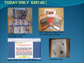 TODAY ONLY  $397.00 ! 21 Ways to Create  Website Traffic $497 Howw to Build 100K List in 90 Days Course Make $300 Per Sale with Dealership 2 Months Free  