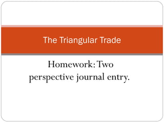 Homework: Two perspective journal entry.  The Triangular Trade 