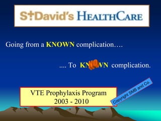 Going from a KNOWNcomplication….                               .... To  KNOWN complication. NO  VTE Prophylaxis Program2003 - 2010 Copyright SMB and Co. 